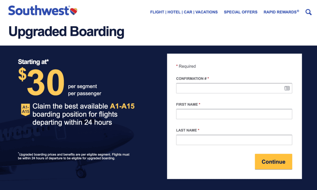 Southwest Upgraded Boarding Landing Page