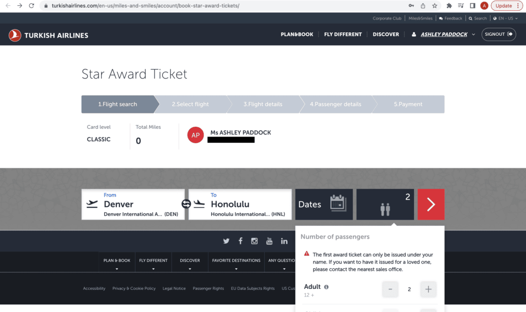 Turkish Airlines award booking