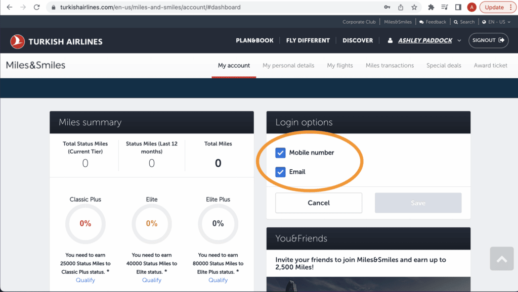 Turkish Airlines login options