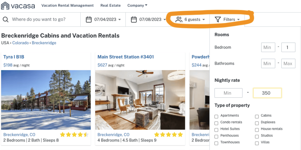 Vacasa rental filter