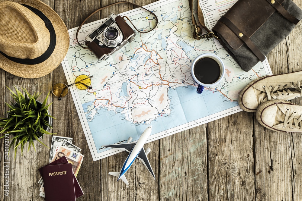 Travel concept on wooden table
