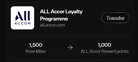 Rove Miles transfer ratio to ALL Accor at 1.5 to 1