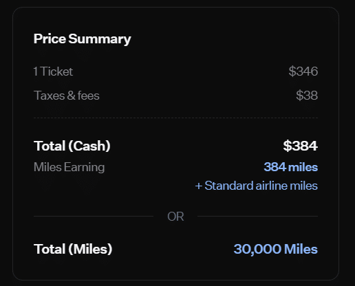 Rove Miles earned per dollar shown at flight checkout