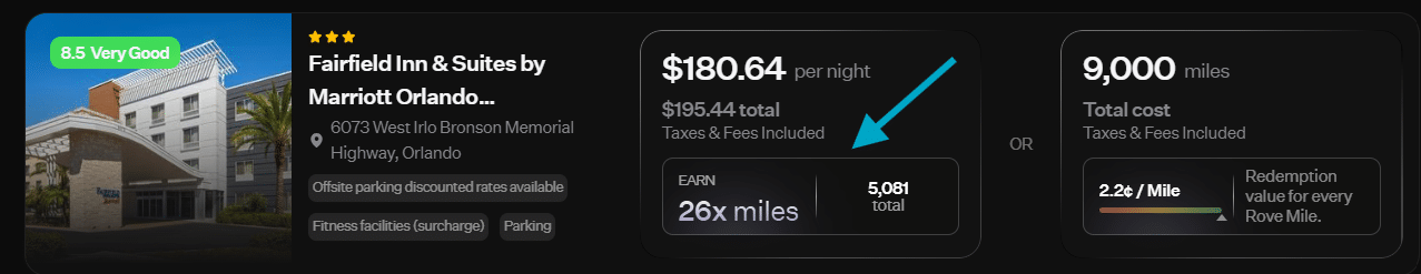 Rove Miles earning rate displayed on a hotel search result