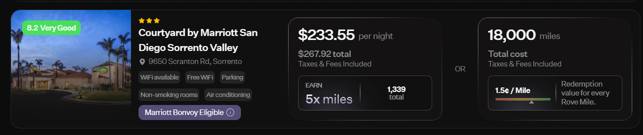 Loyalty-eligible Marriott booking earning both Rove Miles and hotel points