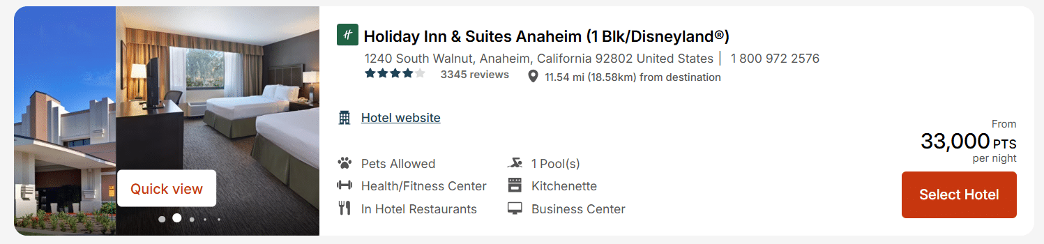 Holiday Inn near Disneyland costing 33,000 points per night booked directly through IHG
