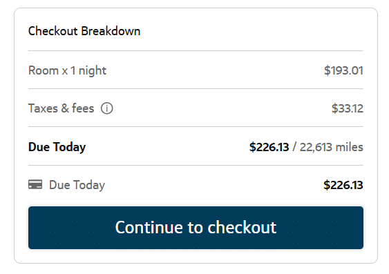Capital One Travel booking details for the Holiday Inn showing 22,613 points per night